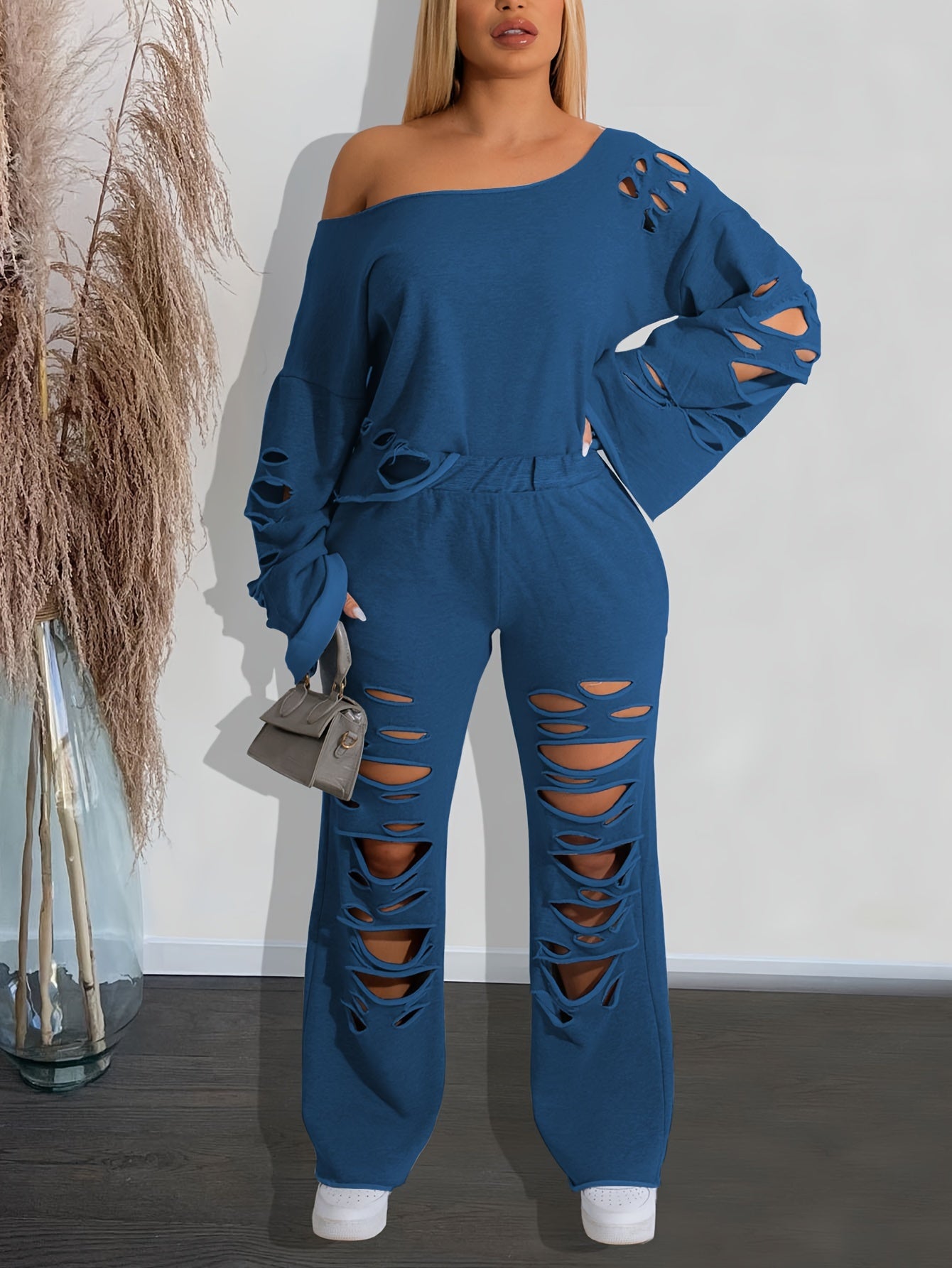 Casual Solid Cut Out Two-piece Set, Long Sleeve Asymmetric Top & Long Pants Outfits, Women's Clothing